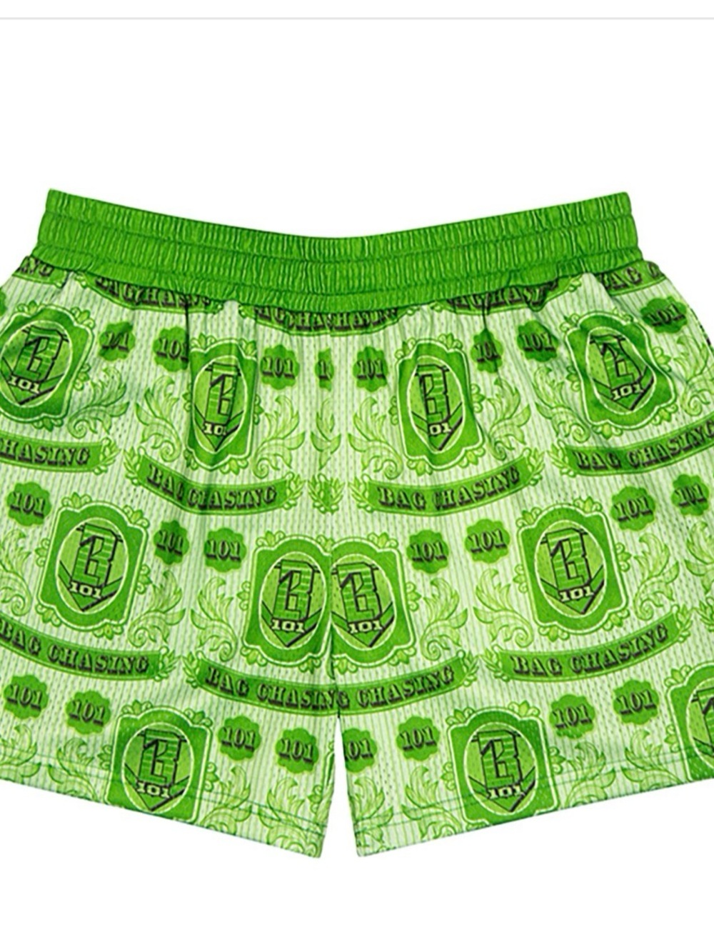 Men's Green Money-Print Athletic Shorts with Elastic Waist